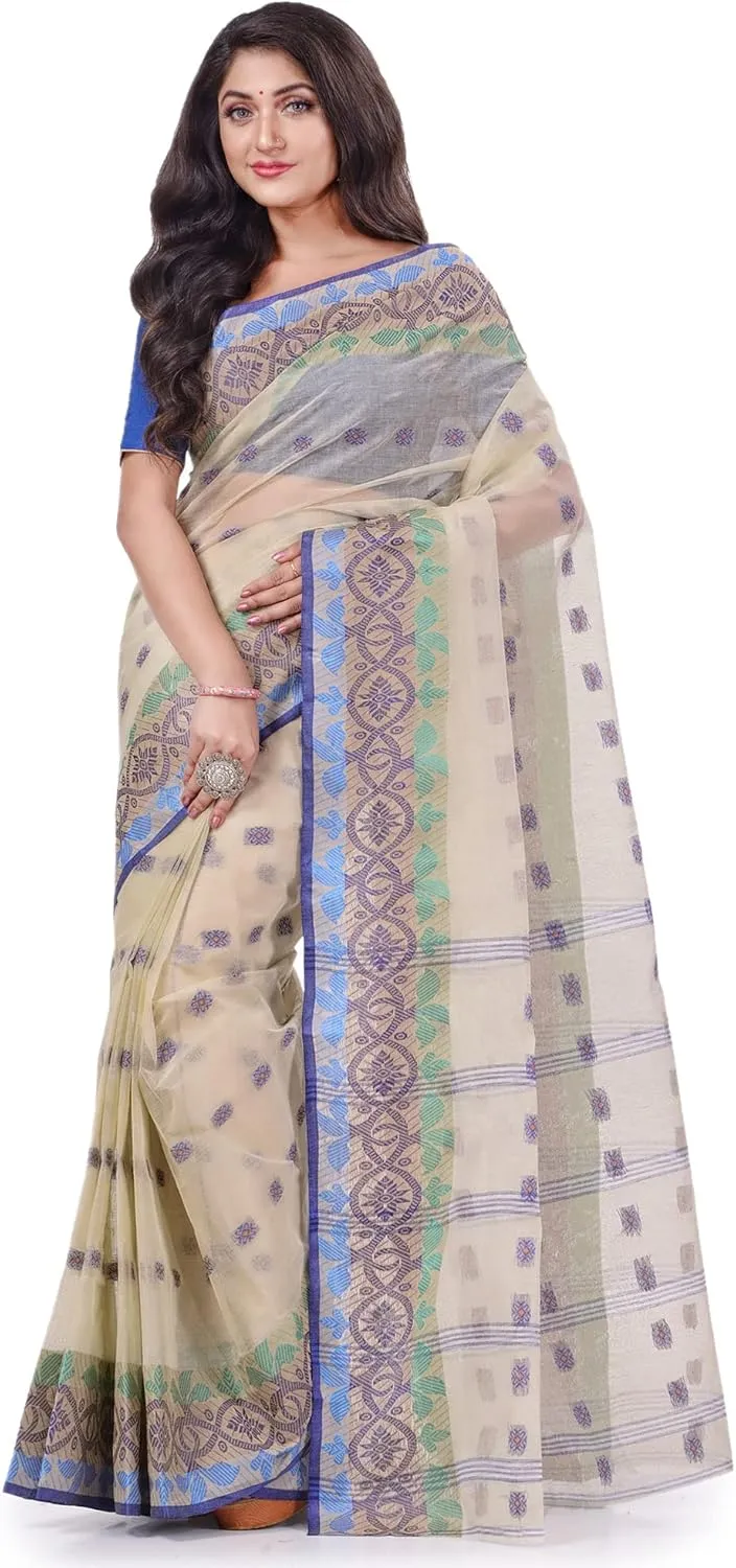 Women`s Traditional Bengal Tant Tri Leaf Woven Design Pure Handloom Cotton Saree Without Blouse Piece 5.6 Mtr