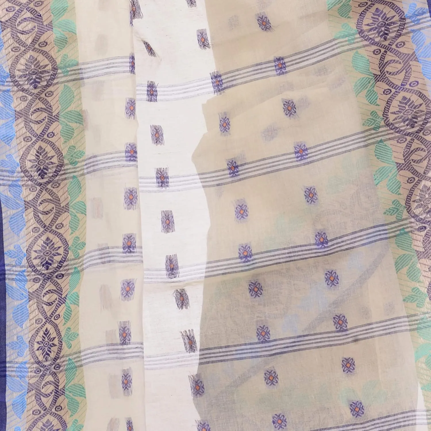 Women`s Traditional Bengal Tant Tri Leaf Woven Design Pure Handloom Cotton Saree Without Blouse Piece 5.6 Mtr