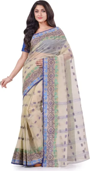 Women`s Traditional Bengal Tant Tri Leaf Woven Design Pure Handloom Cotton Saree Without Blouse Piece 5.6 Mtr
