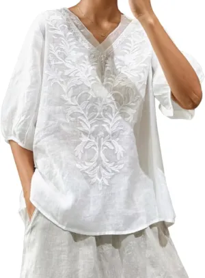 Women's Vintage Embroidery Floral Linen Tshirt Shirt Summer Half Sleeve V-Neck Tops Casual Cute Oversized Tees Blouse