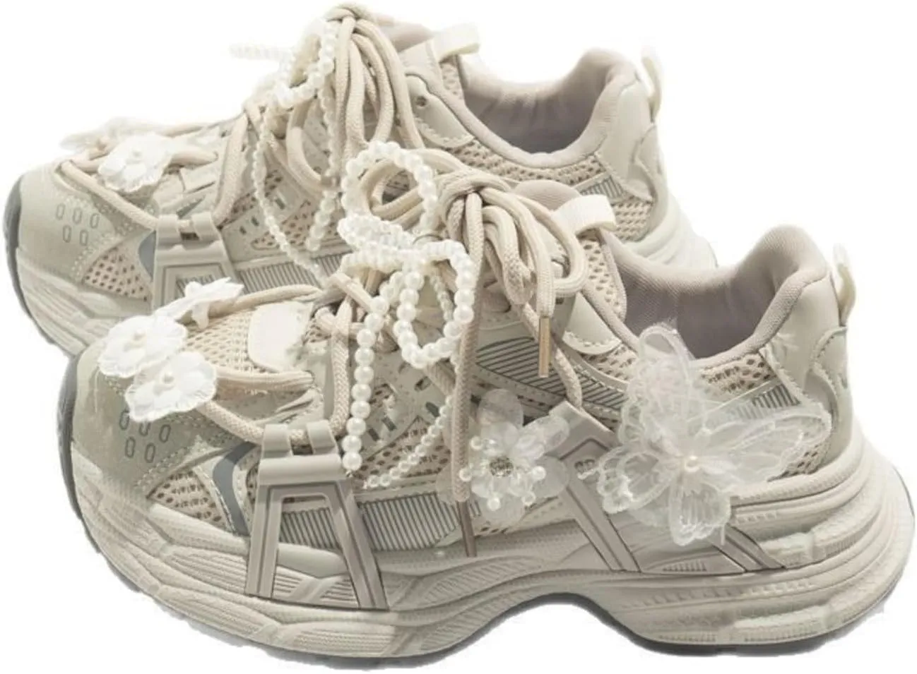 Women's Vintage Pearl Y2K Aesthetic Kawaii Floral Chunky Dad Sneakers Breathable Summer Mesh Sports Walking Casual Shoes