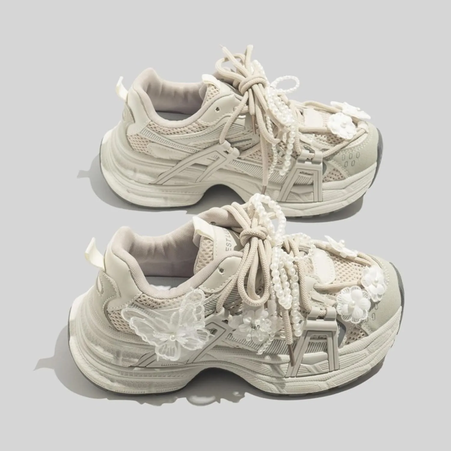 Women's Vintage Pearl Y2K Aesthetic Kawaii Floral Chunky Dad Sneakers Breathable Summer Mesh Sports Walking Casual Shoes