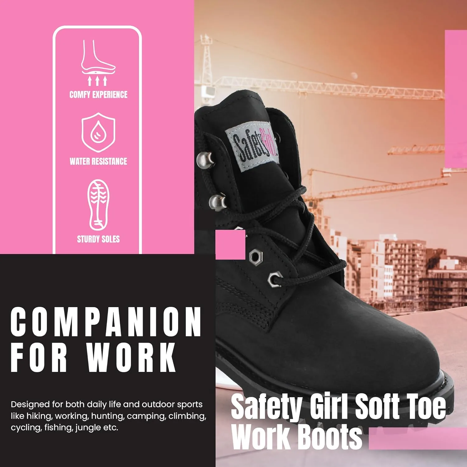 Women’s Work Boots | Waterproof Leather Work Boots for Women | Oil & Slip-Resistant Soft Toe Boots for Women | Premium Nubuck Leather | Lightweight and Comfortable | Black Leather - 9.5W