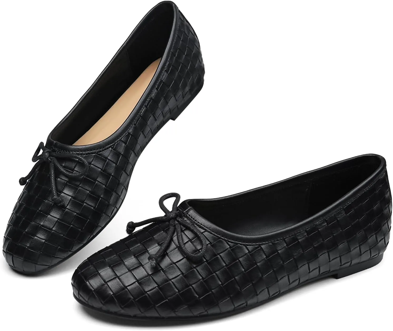 Women’s Woven Ballet Flats Leather Plaid Round Toe Mary Jane Shoe with Bow Tie Fashion Dress Slip on Low Heel Ballerina Shoes