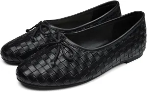 Women’s Woven Ballet Flats Leather Plaid Round Toe Mary Jane Shoe with Bow Tie Fashion Dress Slip on Low Heel Ballerina Shoes