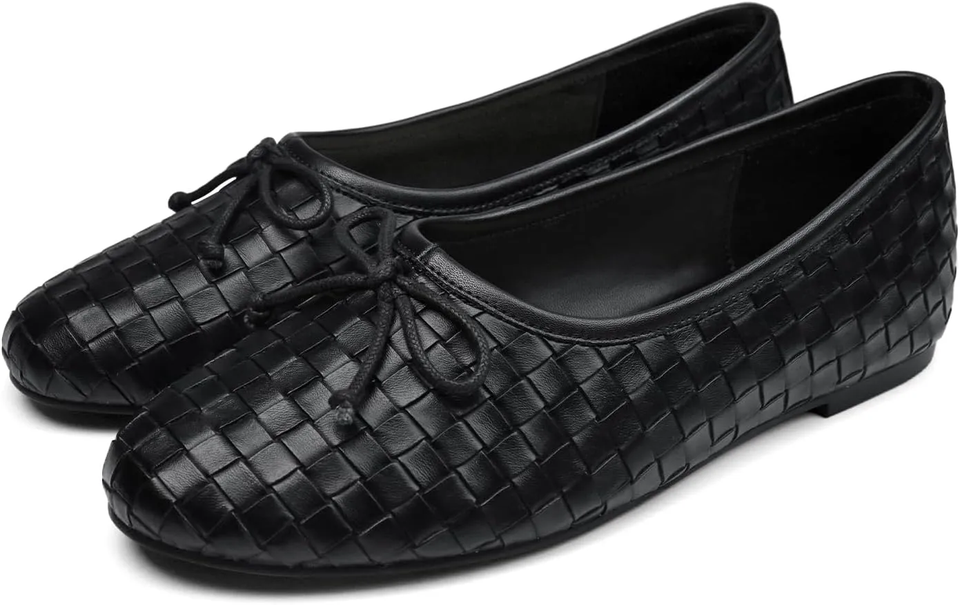 Women’s Woven Ballet Flats Leather Plaid Round Toe Mary Jane Shoe with Bow Tie Fashion Dress Slip on Low Heel Ballerina Shoes