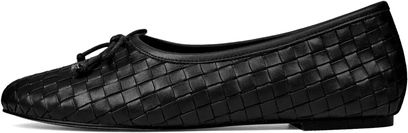 Women’s Woven Ballet Flats Leather Plaid Round Toe Mary Jane Shoe with Bow Tie Fashion Dress Slip on Low Heel Ballerina Shoes