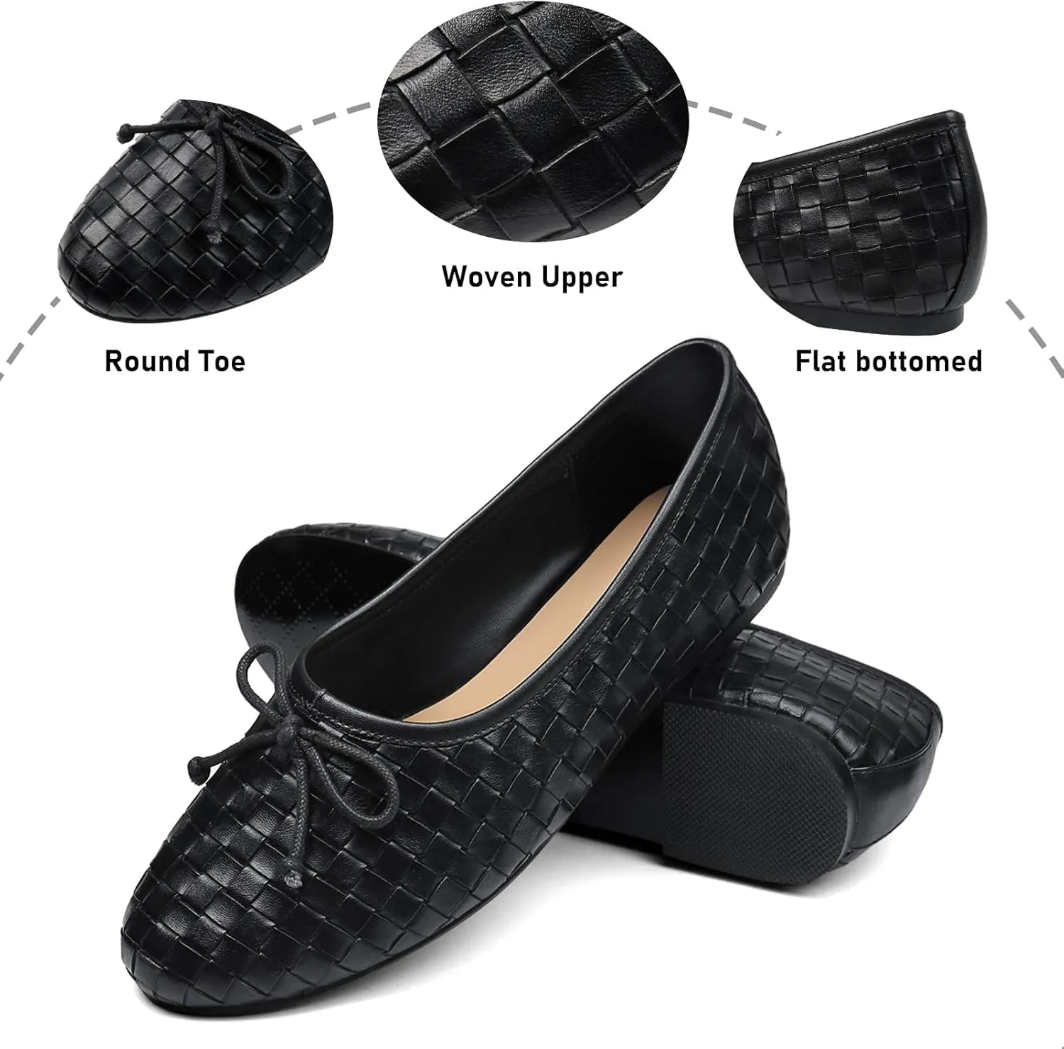 Women’s Woven Ballet Flats Leather Plaid Round Toe Mary Jane Shoe with Bow Tie Fashion Dress Slip on Low Heel Ballerina Shoes