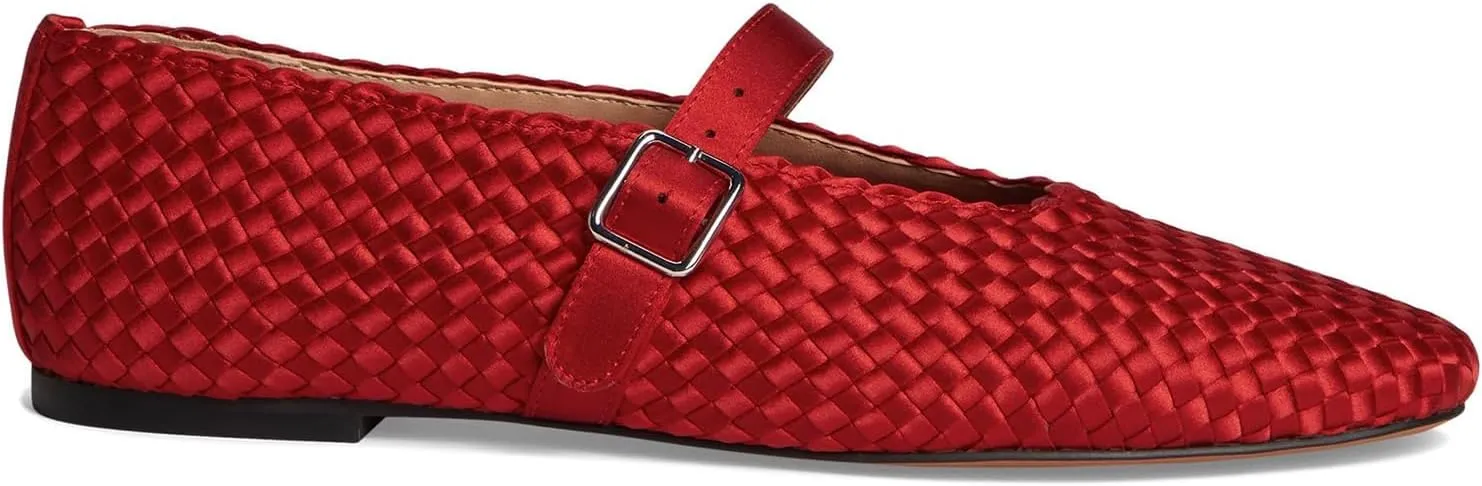 Women's Woven Mary Jane Flats Breathable Ballet Shoes with Adjustable Buckle Strap Comfortable Lace Ballerina Flats