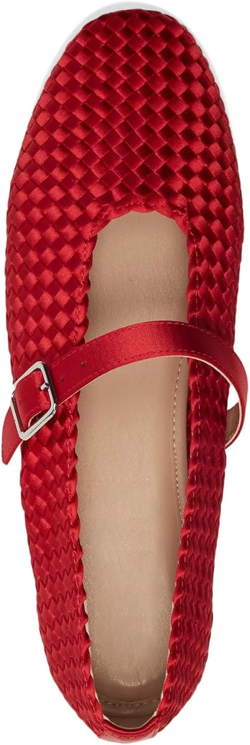 Women's Woven Mary Jane Flats Breathable Ballet Shoes with Adjustable Buckle Strap Comfortable Lace Ballerina Flats