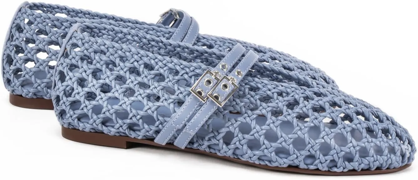 Women's Woven Mary Jane Flats - Mesh Ballet Flats with Adjustable Double Metal Buckle Strap and Round Toe