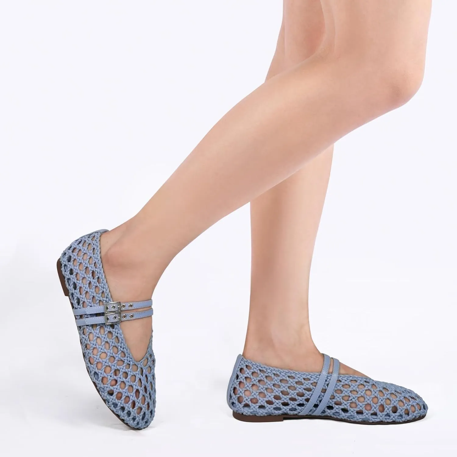 Women's Woven Mary Jane Flats - Mesh Ballet Flats with Adjustable Double Metal Buckle Strap and Round Toe