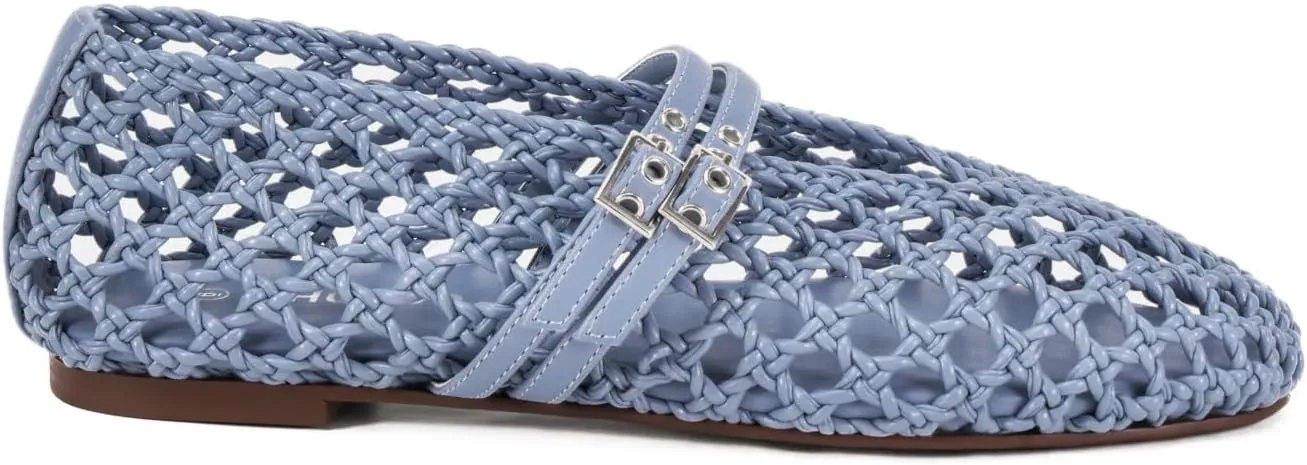 Women's Woven Mary Jane Flats - Mesh Ballet Flats with Adjustable Double Metal Buckle Strap and Round Toe