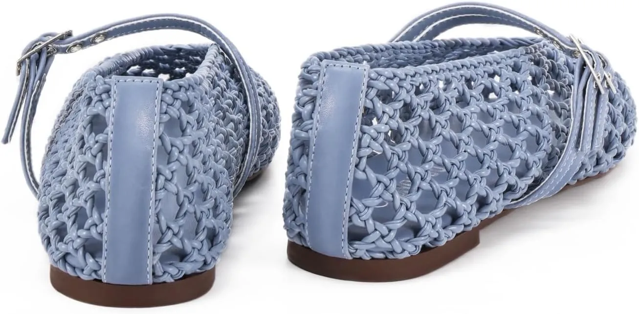 Women's Woven Mary Jane Flats - Mesh Ballet Flats with Adjustable Double Metal Buckle Strap and Round Toe