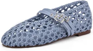 Women's Woven Mary Jane Flats - Mesh Ballet Flats with Adjustable Double Metal Buckle Strap and Round Toe