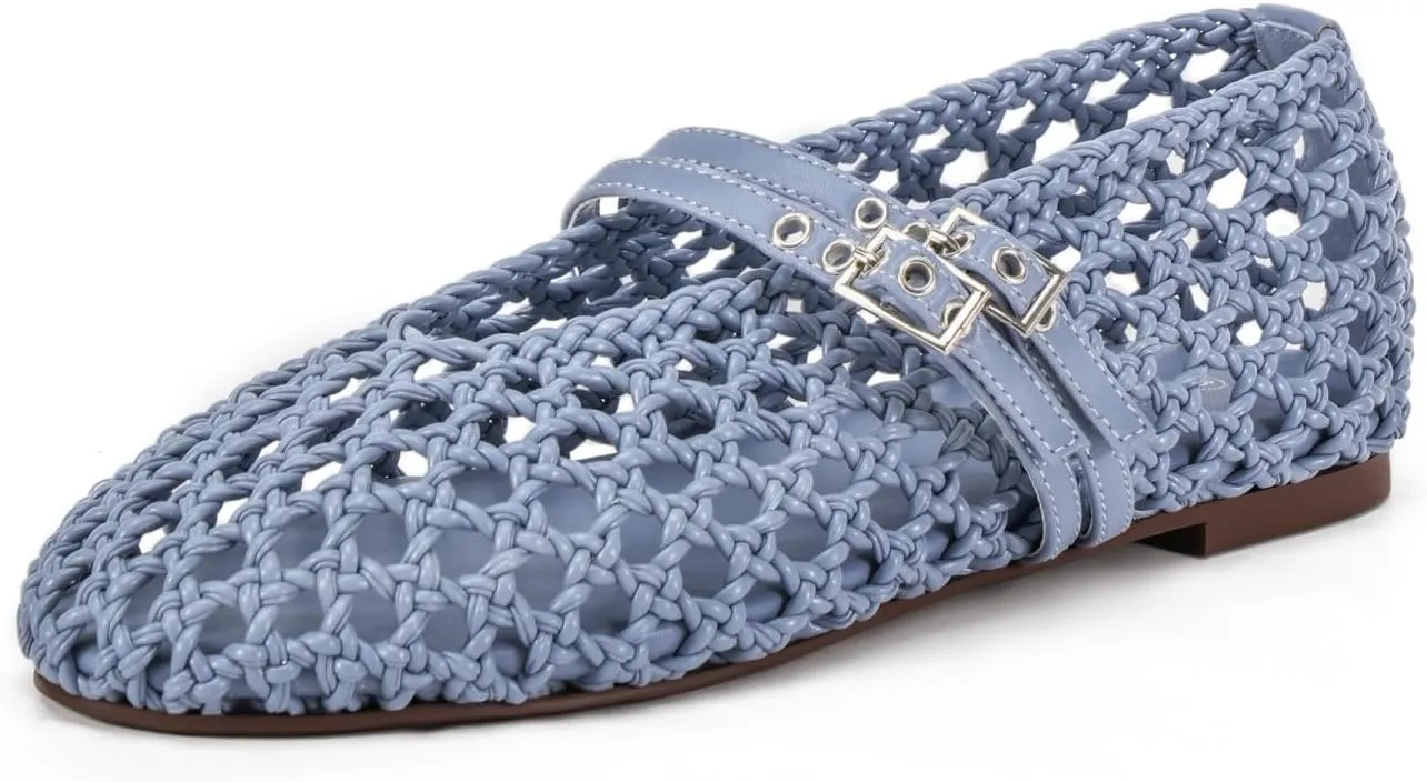 Women's Woven Mary Jane Flats - Mesh Ballet Flats with Adjustable Double Metal Buckle Strap and Round Toe
