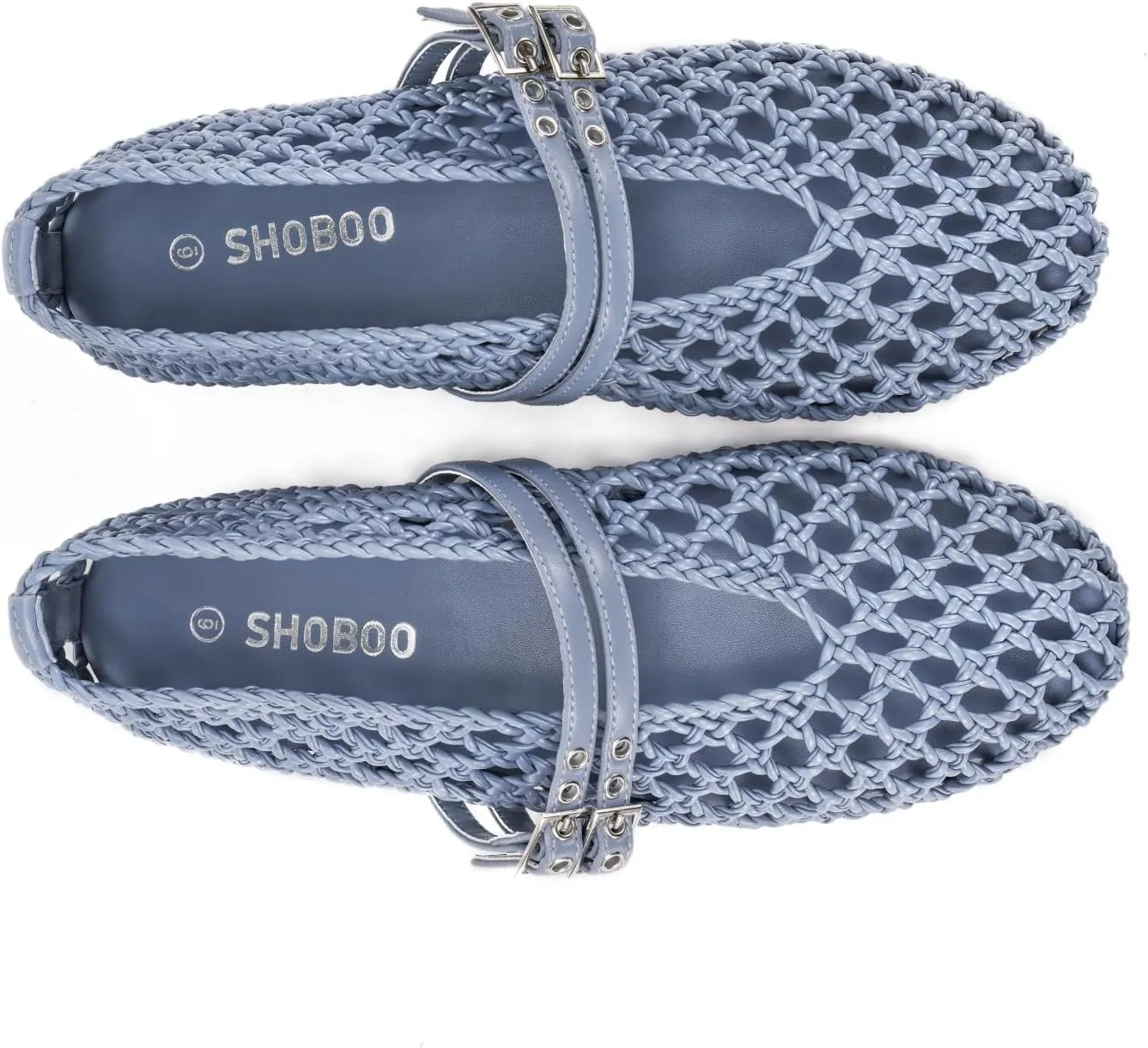 Women's Woven Mary Jane Flats - Mesh Ballet Flats with Adjustable Double Metal Buckle Strap and Round Toe