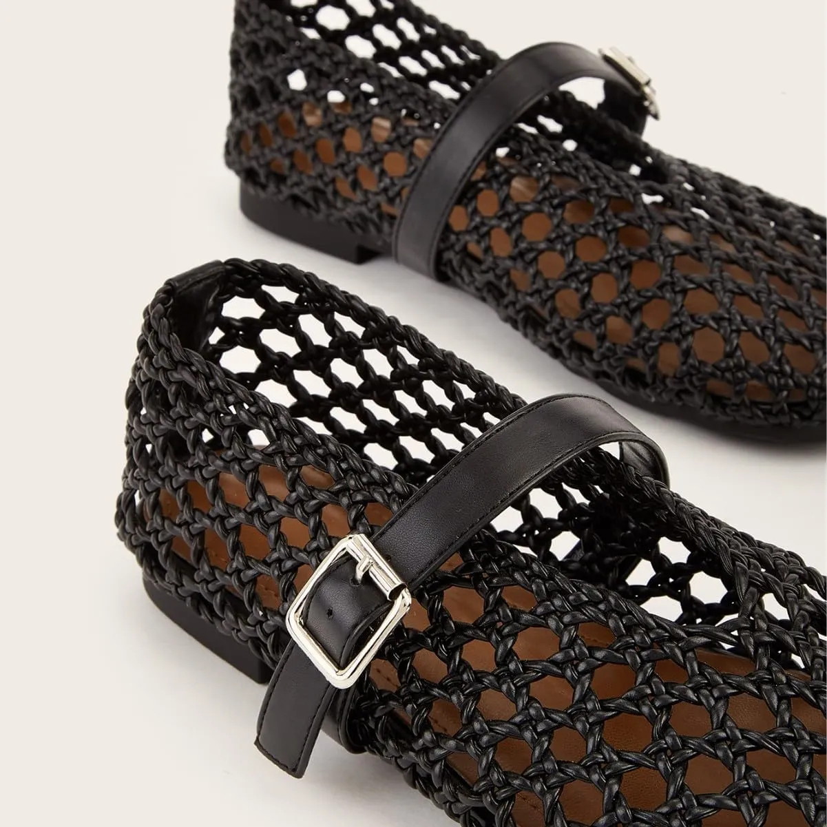 Woven Ballet Flat for Women Raffia Netted Mary Jane Flats Comfortable Casual Dressy Flat Shoes with Buckle Strap