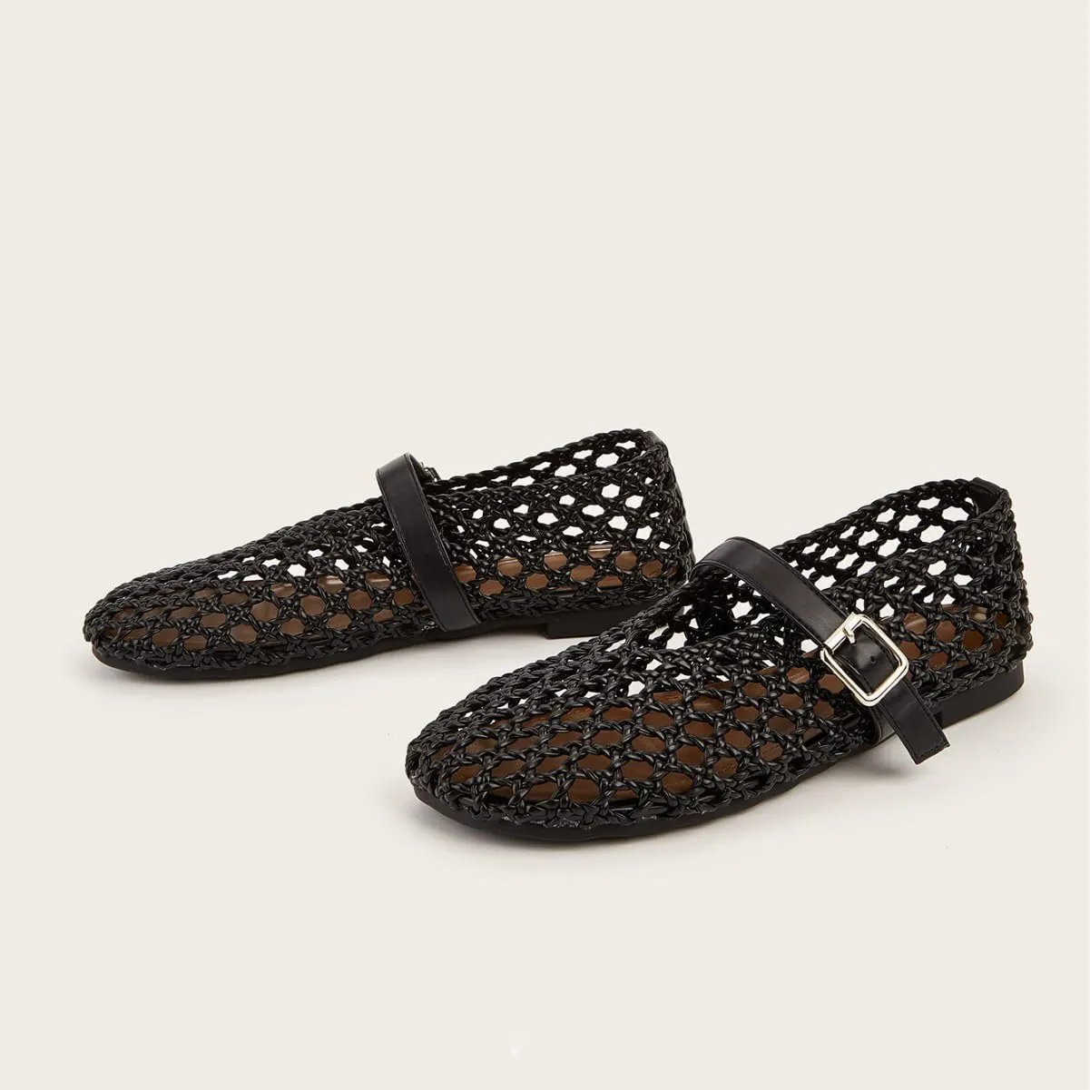 Woven Ballet Flat for Women Raffia Netted Mary Jane Flats Comfortable Casual Dressy Flat Shoes with Buckle Strap