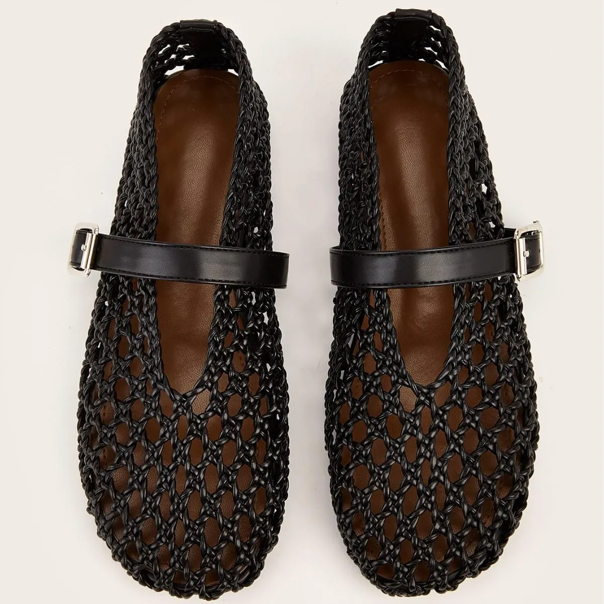 Woven Ballet Flat for Women Raffia Netted Mary Jane Flats Comfortable Casual Dressy Flat Shoes with Buckle Strap