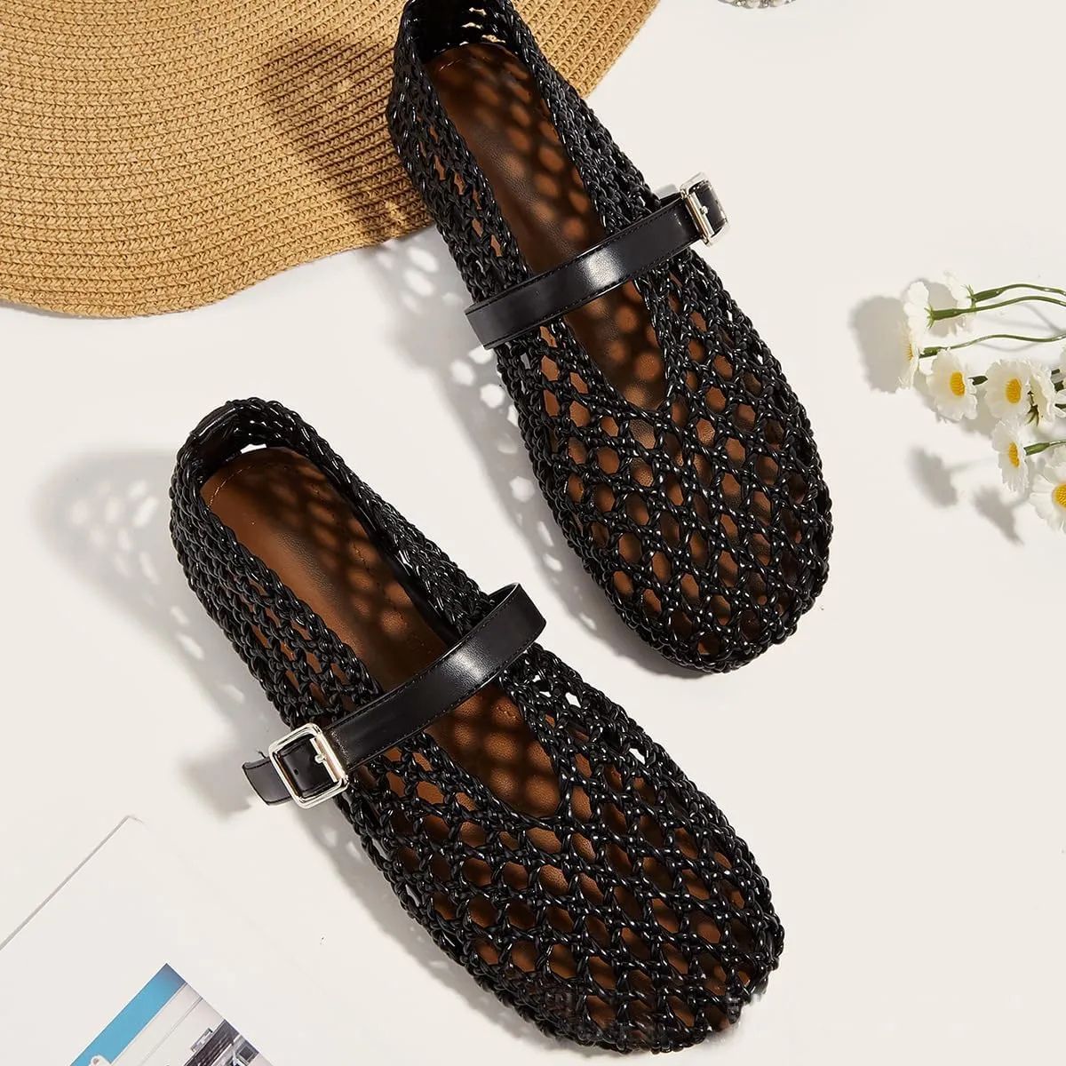 Woven Ballet Flat for Women Raffia Netted Mary Jane Flats Comfortable Casual Dressy Flat Shoes with Buckle Strap