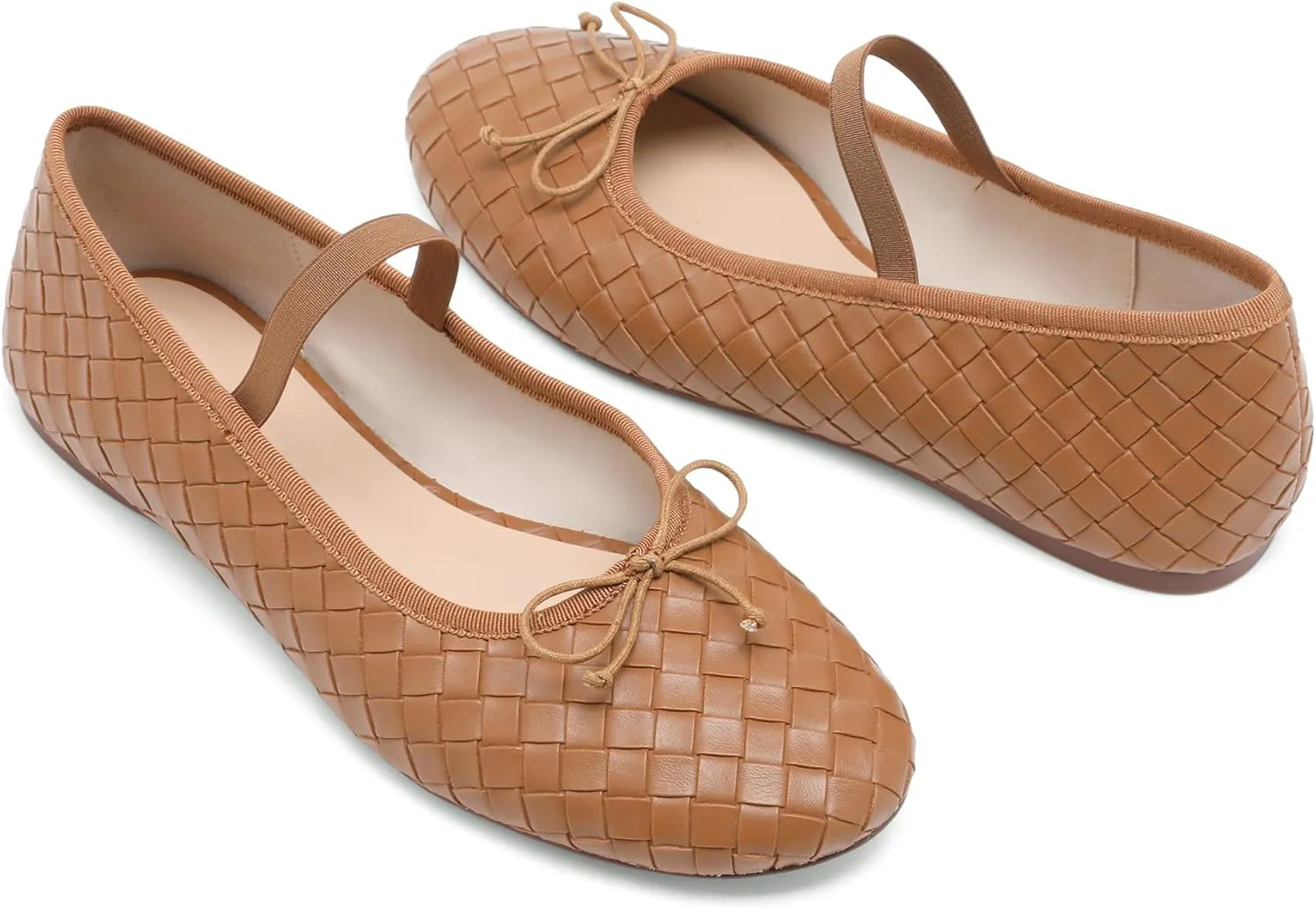 Woven Ballet Flats for Women Almond Toe Mary Jane Flats Stretch Band Bow Ballerina Shoes