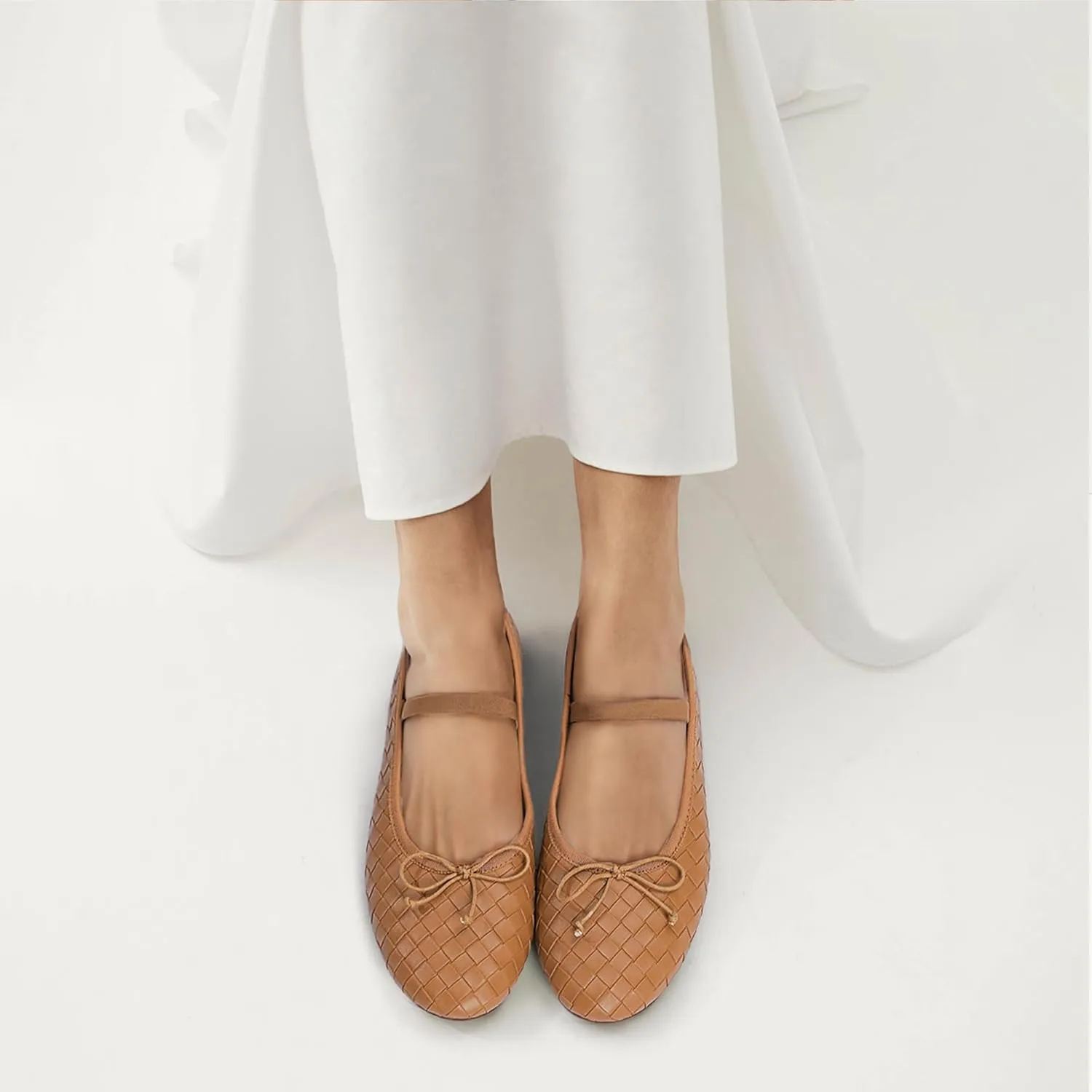 Woven Ballet Flats for Women Almond Toe Mary Jane Flats Stretch Band Bow Ballerina Shoes