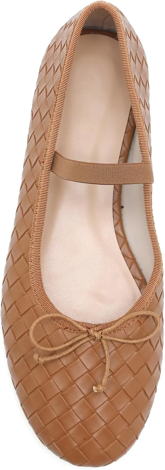 Woven Ballet Flats for Women Almond Toe Mary Jane Flats Stretch Band Bow Ballerina Shoes