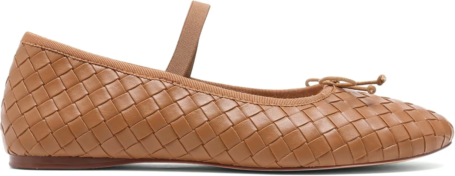 Woven Ballet Flats for Women Almond Toe Mary Jane Flats Stretch Band Bow Ballerina Shoes