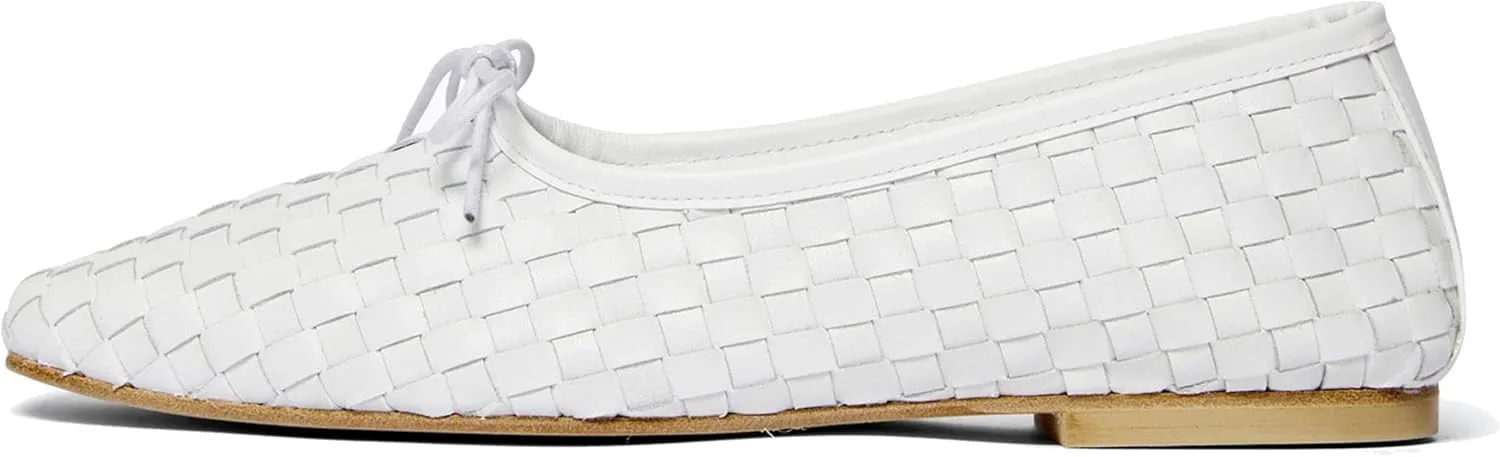 Woven Flats Ballet Shoes for Women with Bows Square Head Design Pull On Comfortable Elegance