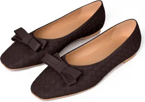 Woven Flats for Women Square Toe Ballet Flats Ladies Slip on Bow Ballerina Dress Shoes