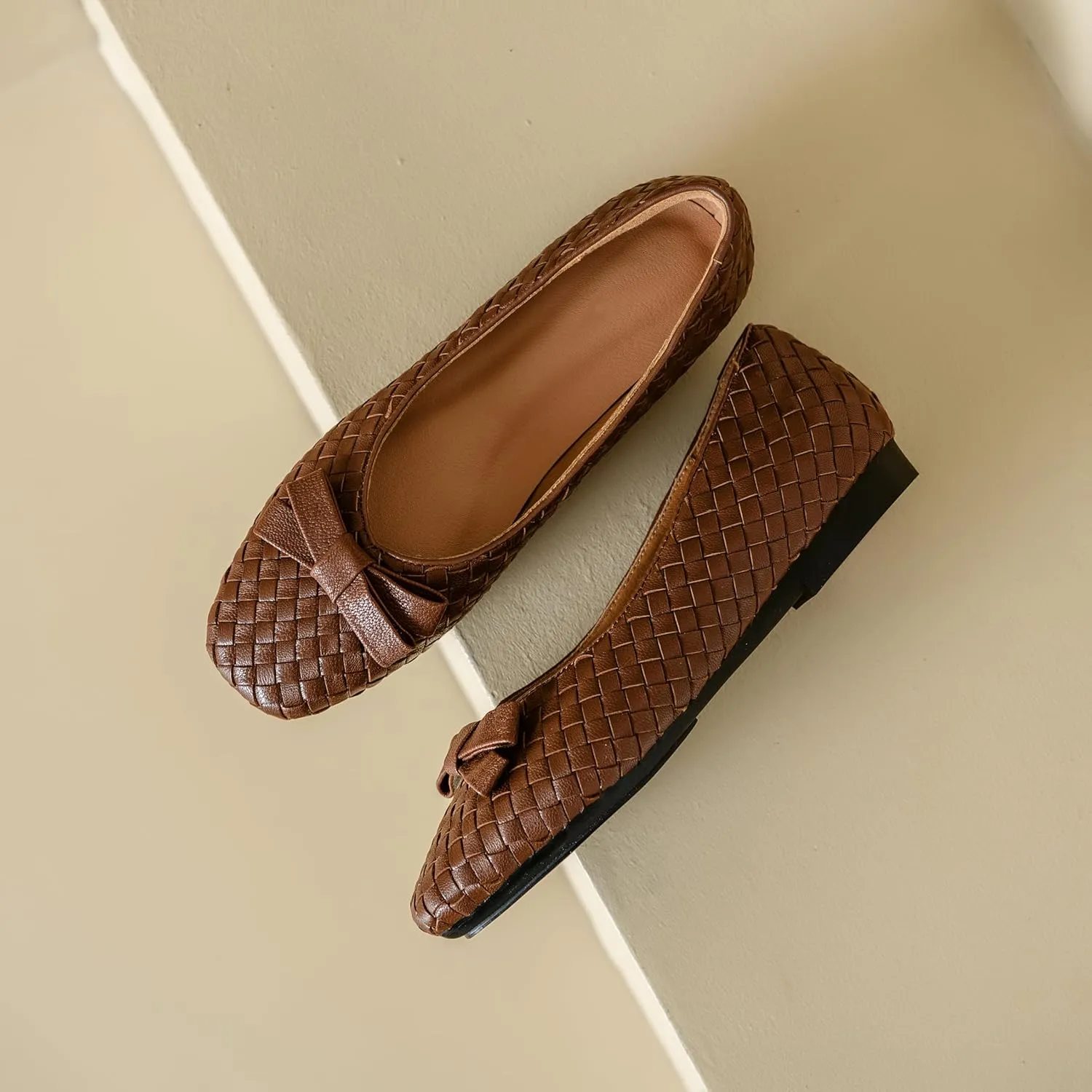 Woven Flats for Women Square Toe Ballet Flats Ladies Slip on Bow Ballerina Dress Shoes