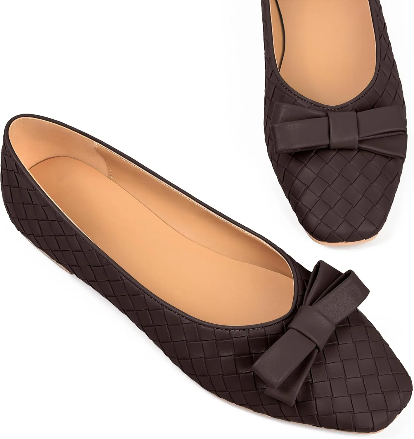 Woven Flats for Women Square Toe Ballet Flats Ladies Slip on Bow Ballerina Dress Shoes