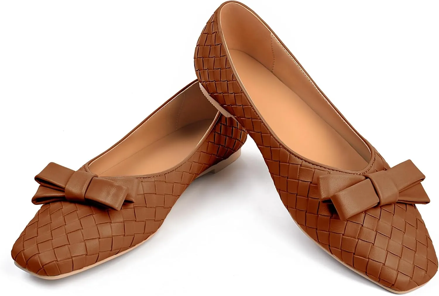 Woven Flats for Women Square Toe Ballet Flats Ladies Slip on Bow Ballerina Dress Shoes
