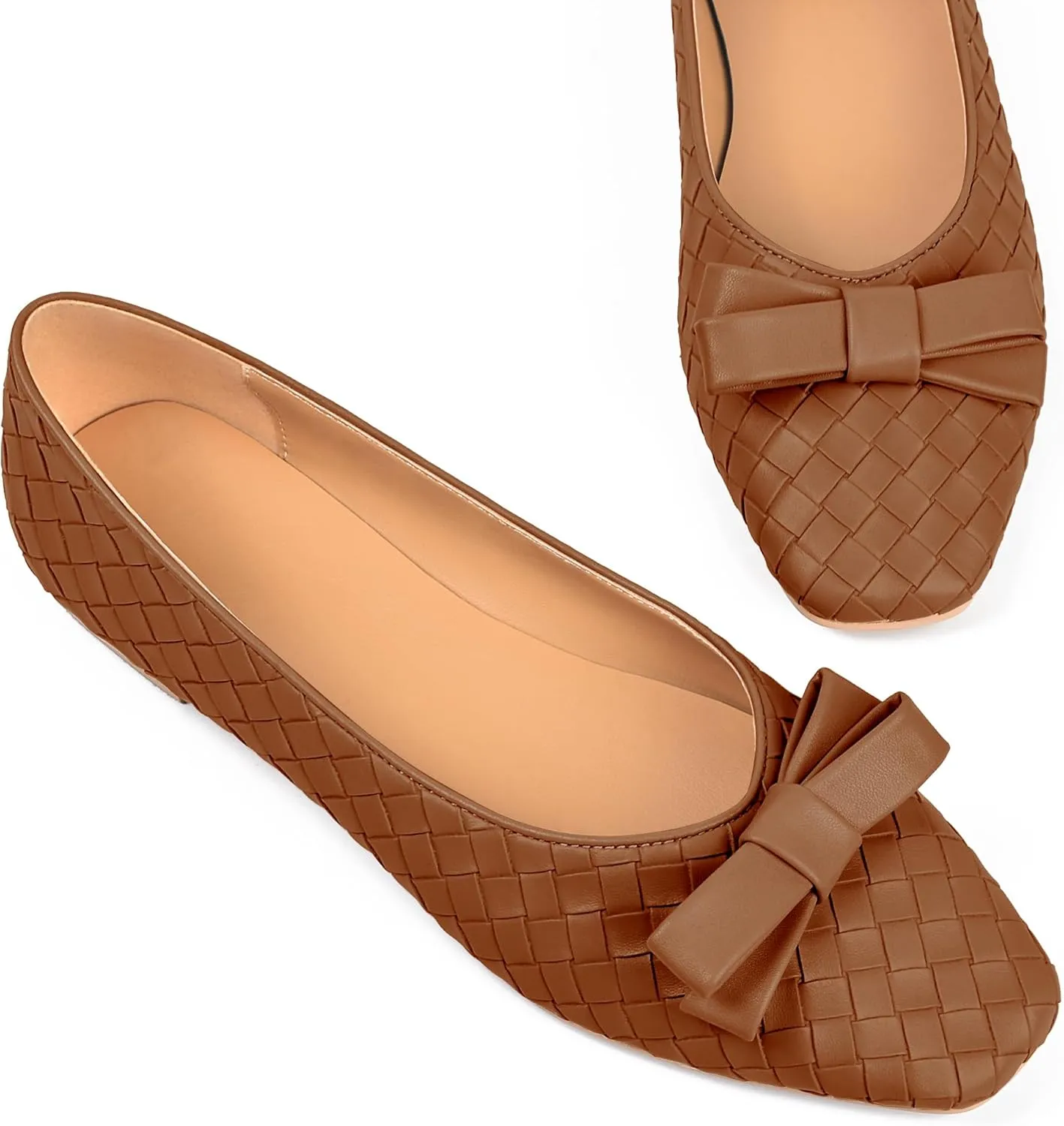 Woven Flats for Women Square Toe Ballet Flats Ladies Slip on Bow Ballerina Dress Shoes