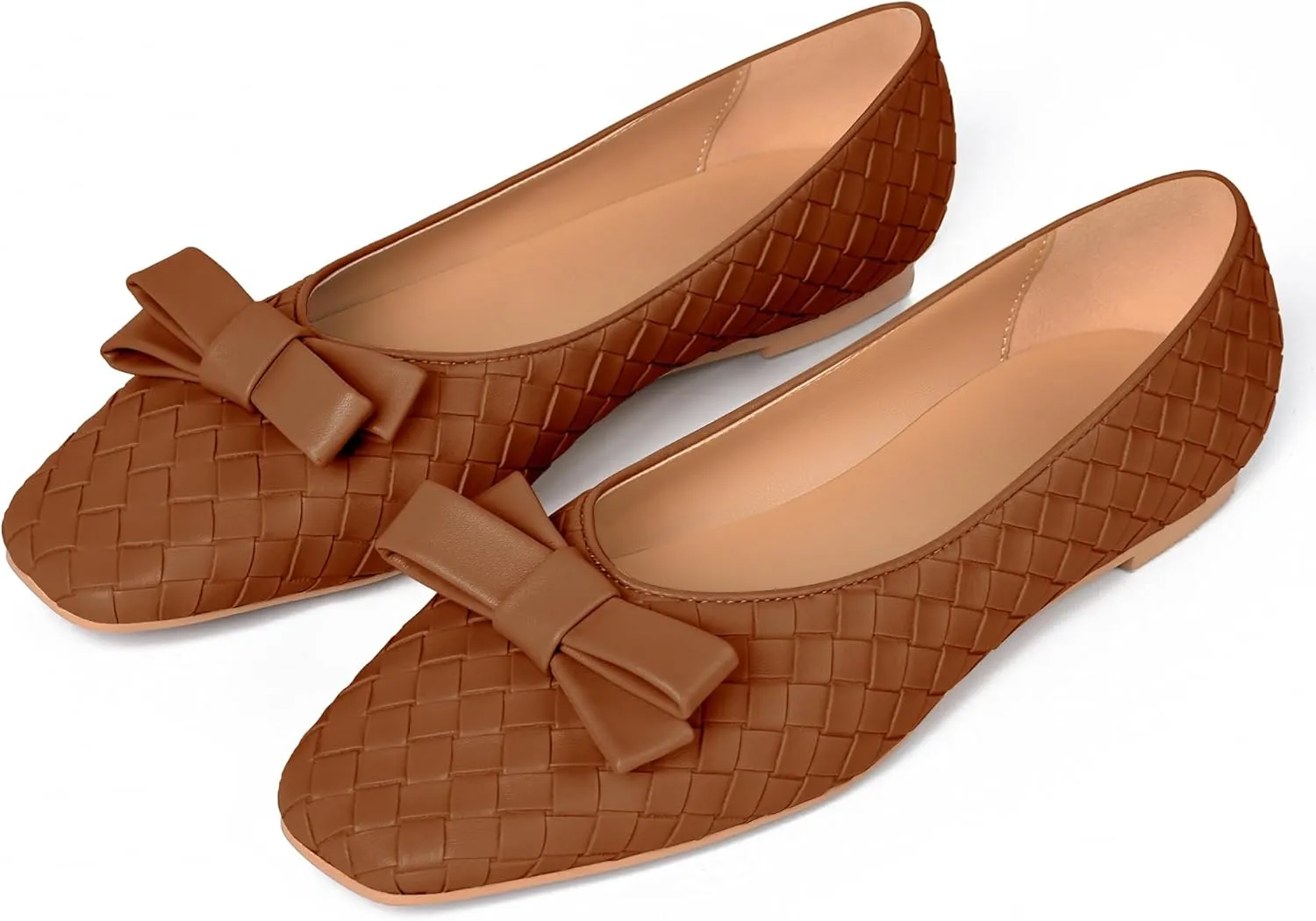 Woven Flats for Women Square Toe Ballet Flats Ladies Slip on Bow Ballerina Dress Shoes
