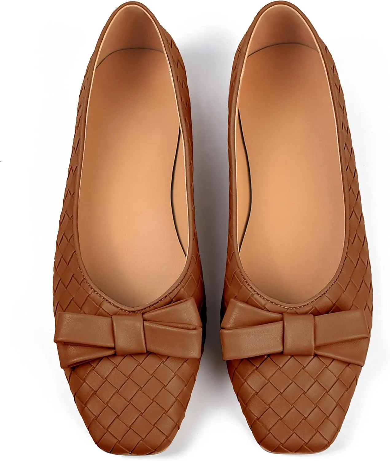 Woven Flats for Women Square Toe Ballet Flats Ladies Slip on Bow Ballerina Dress Shoes