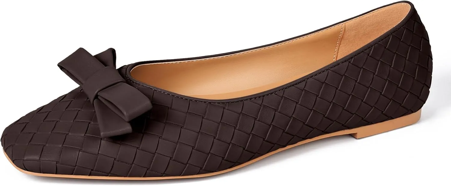 Woven Flats for Women Square Toe Ballet Flats Ladies Slip on Bow Ballerina Dress Shoes