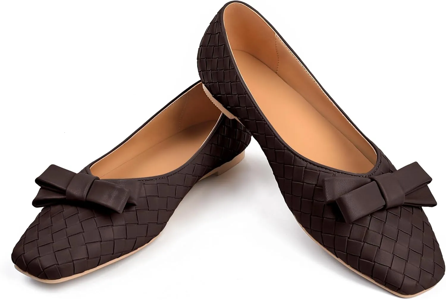 Woven Flats for Women Square Toe Ballet Flats Ladies Slip on Bow Ballerina Dress Shoes