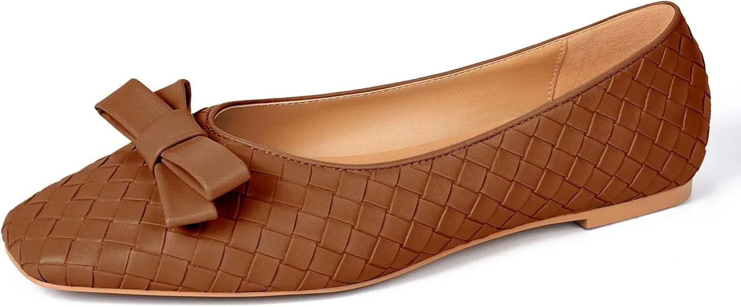 Woven Flats for Women Square Toe Ballet Flats Ladies Slip on Bow Ballerina Dress Shoes