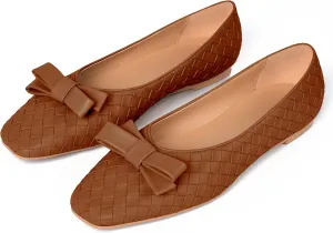 Woven Flats for Women Square Toe Ballet Flats Ladies Slip on Bow Ballerina Dress Shoes