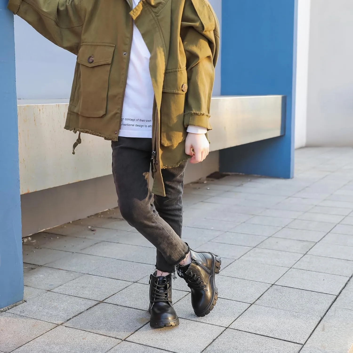 WUIWUIYU Boys Girls Combat Boots Waterproof Zip-up Hiking Ankle Boots Short Booties Desert Motorcyle Boots