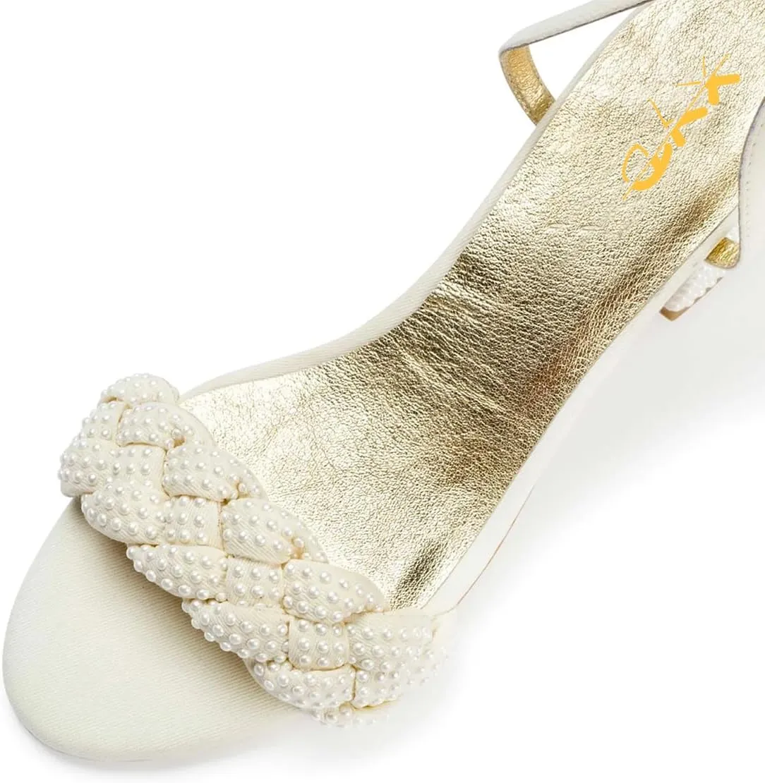 XYD Women's Open Toe Plait Wedding Mid Block Heel Sandals Ankle Strap with Buckle Bridal Dress Shoes