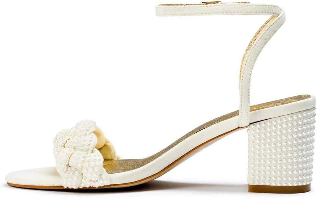 XYD Women's Open Toe Plait Wedding Mid Block Heel Sandals Ankle Strap with Buckle Bridal Dress Shoes
