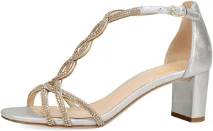 XYD Women's Sparkling Twining T-Bar Block Sandals Open Toe Ankle Straps Low Heel Pumps Dress Wedding Shoes