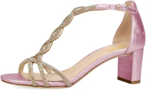 XYD Women's Sparkling Twining T-Bar Block Sandals Open Toe Ankle Straps Low Heel Pumps Dress Wedding Shoes