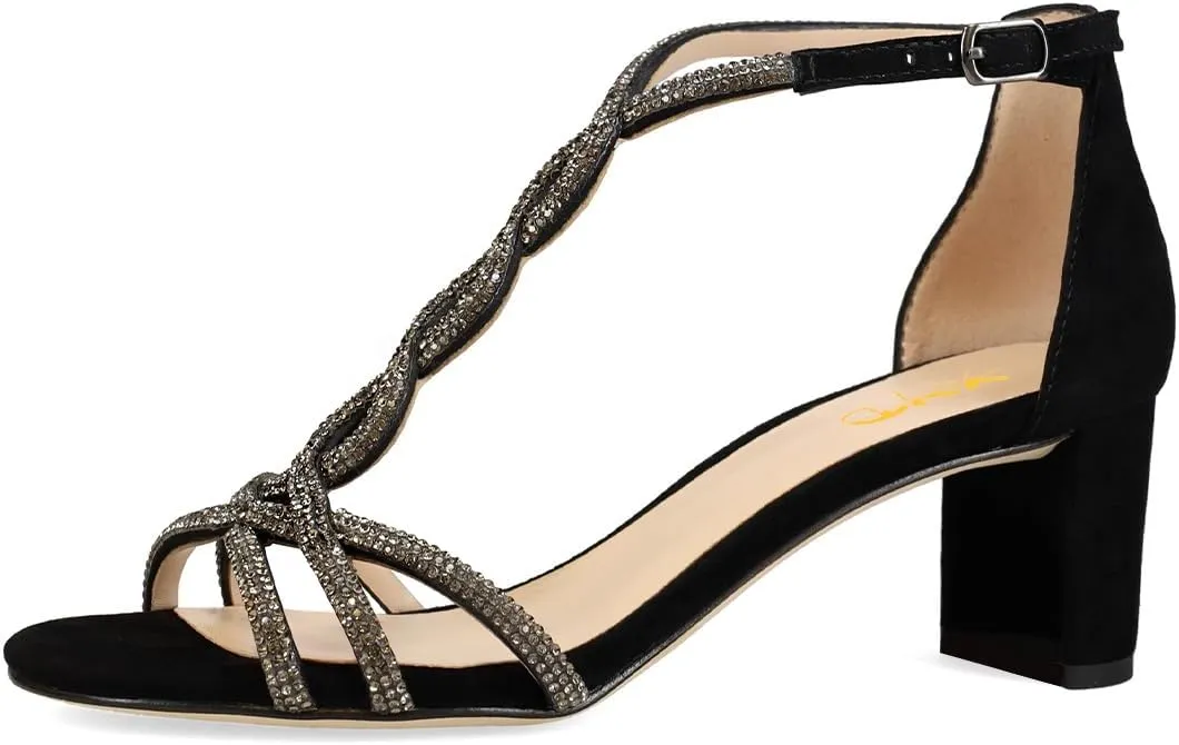 XYD Women's Sparkling Twining T-Bar Block Sandals Open Toe Ankle Straps Low Heel Pumps Dress Wedding Shoes