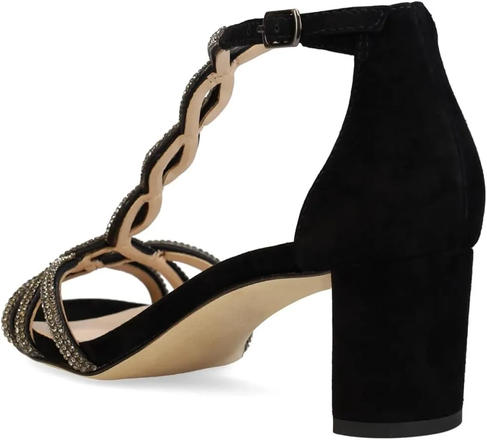 XYD Women's Sparkling Twining T-Bar Block Sandals Open Toe Ankle Straps Low Heel Pumps Dress Wedding Shoes