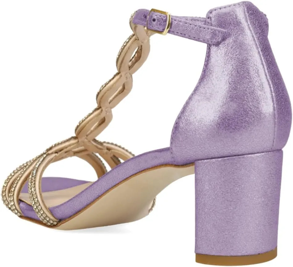 XYD Women's Sparkling Twining T-Bar Block Sandals Open Toe Ankle Straps Low Heel Pumps Dress Wedding Shoes
