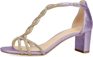 XYD Women's Sparkling Twining T-Bar Block Sandals Open Toe Ankle Straps Low Heel Pumps Dress Wedding Shoes